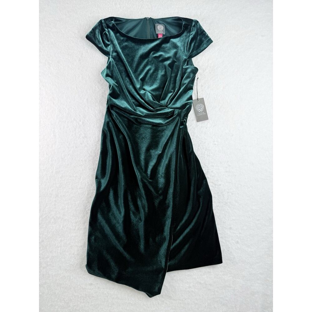 Vince Camuto Green Velvet Sheath Dress Short Sleeve Ruched Knee Length Size 8 - Picture 2 of 8